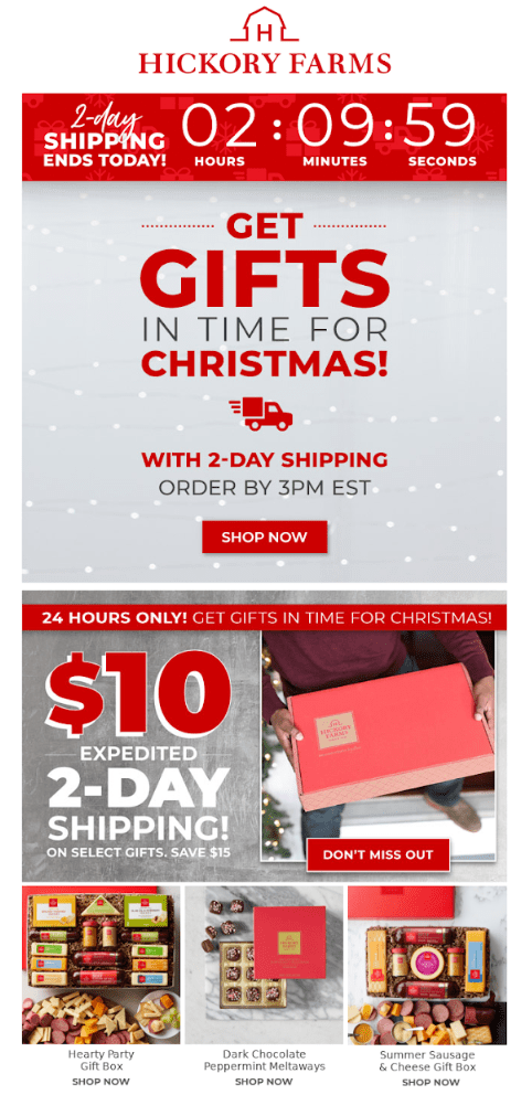 Hickory farms landing page with urgency countdown, and gifts during Christmas